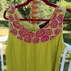 Nazila Couture Xl Lime Green Silk Chiffon Dress Pink Rose Sequin Beaded Boho
