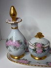 Vintage 1954 Hand Painted Floral And Gold Trimmed Porcelain Vanity Set