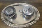 Vintage Chrome Creamer And Sugar Bowl Set With Lid   Matching Tray Box
