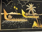Asian Art Reed Grass Bamboo Black Picture Long Boats Tree Scene 14 x10 
