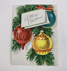 Vintage Mid Century Christmas Greeting Card Red Gold Green Ornaments Ribbon