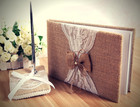 Rustic Burlap Lace Wedding Guest Book Set With Pen Holder Silver Pen 120 Pages