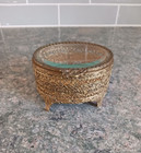 Vintage Gold Filigree Ormolu Oval Jewelry Box Trinket Footed Cherub Velvet Lined
