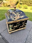 Vintage Oriental Asian Black Lacquer  Wooden Jewelry Trinket Box 13 5x10   