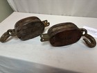 Two Farm   Ranch Vintage antique 14 Inch Anvil Brand Single Wheel Wooden Pulleys