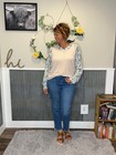 Parchment Floral Contrast Ribbed V-neck Long Sleeve Top Womens Modest Tops