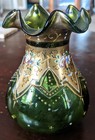 Antique Moser Green Glass Hand Painted Gold Gilt Enamel Floral Vase C1930