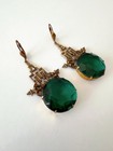 Vintage Czech Art Deco Green Glass   Brass Dangle Earrings