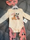 Disney Mickey Mouse   Pluto 3pc Long Sleeve Cotton Outfit Set Pink cream 3-6m
