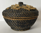 Vintage  Rattan Basket W applied Celluloid Flowers Very Fine Weave 1800s To 1920