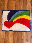 Rainbow Heart 1980s Latch Hook Rug Handmade Rectangular 24x16  Multicolor Vintag