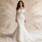 Beaded Lace Appliques Wedding Dress Illusion Full Sleeves Mermaid Bridal Gowns