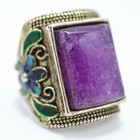 Vtg Chinese Export Brass Scholar Ring Chop Mark Chunky Purple Cabochon Cloisonne