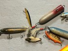 Huge Lot Vtg Plastic   Wood Fishing Lures Sinkers Floats W  Plastic Tackle Box
