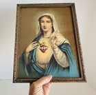 Antique 1920   s Sacred Heart Of Mary Lithograph Original Carved Detail Wood Frame