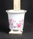 Vintage Wales Porcelain Pedestal Rose Vase Square Base   22kt Gold Trim 3 25 h