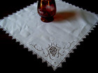 Antique Table Toper Linen Emb ed Design Insert Filet Lace Mono Bobbin Lace Hem