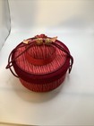Vintage Sewing Box Red Velvet Fun Hat W handle  Bead  Pin Cushion  Pockets