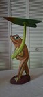 Vintage Wooden Frog Hand Painted Folk Art Sculpture Holding Lily Pad Umbrella 