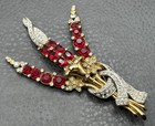 Huge 4 5    Figural Red Rhinestone Gold Plated Pot Metal Flower Bouquet Brooch
