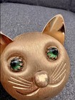 Vintage Napier Brushed Gold Tone Metal Green Cabochon Eyes Cat Head Bank  read 