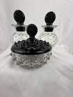 Vintage 3 Piece Black Vanity Hobnail Set Perfume Bottle Lidded Powder Dish Glass
