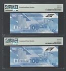 Trinidad   Tobago 2 Notes  same S n  100 Dollars 2019 P65a Uncirculated Grade 67