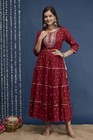 Indian Women Red Rayon Embroidered Anarkali Flared Kurta Kurti Beautiful Dress