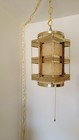 Vtg Mid Century Modern Wood   Perforated Polished Brass Swag Lamp Light