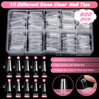 600pcs Clear Coffin Nail Tips Set - Clear Nail Tips For Acrylic Nails French Hal