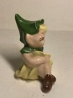 Vintage Ceramic Pixie Elf Girl Figurine Yellow   Green Sitting