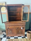 Antique French Ornate Carved Wood Hutch Cabinet Glass Doors Brass Pulls 