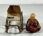Antique Miniature Celluloid Baby Doll Toy Crepe Paper 1921 Handmade Wood Sled