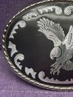 Vintage American Eagle Western Belt Buckle - Etched Black   Silver - Wings Up