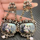 Vintage European Opulent Pearl Oil Painting Portrait Inlay Dangle Earrings Heavy
