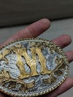 Vintage Western Belt Buckle  m  Monogram Engraved Golden Silver Cowboy Rodeo