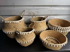 Tassle Woven Seagrass Baskets Rounded Belly Foldable Handles  7 