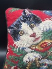 Vtg Needlepoint Christmas Cat Pillow Black White Cat In Tree Ornaments Square 9 