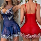 Women s Babydoll Lingerie Set Sheer Lace Adjustable Straps Ruffled Hemline Teddy