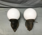 Antique Vtg Pair Cast Iron Exterior Wall Sconces Light Fixture Milk Glass 2-25b
