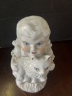 Vintage 1940s Staffordshire Girl With Cat Kitty Figurine White   Gold