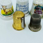 Vintage Lot Of 6 Thimbles Threader Cutter Porcelain Corn Palace Bird Lamb Sb1