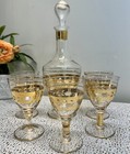 Vintage Glass Decanter With 5 Glasses Gold Gilded trim Retro Shot Glasses Set
