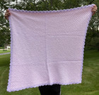 Crochet Handmade Baby Blanket - Pink With Lavender Purple Scallop Border  31x33 