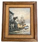 Vntg Dockside Boats Harbor Wood Framed Canvas Oil Painting Signed Florence Mcm