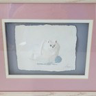 Vintage Framed Matted White Cat In Basket W  Yarn Embossed Pressed Paper 9x11