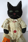 Halloween Black Cat Doll Painted Fabric Primitive Folk Art 21  Sittable