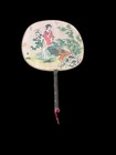 Vintage Hand Painted Silk Paddle Fan Asian Woman Geisha Bamboo Handle