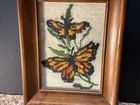 Vtg Framed Handmade Needlework Yarn Art Monarch Butterfly Distressed Wood