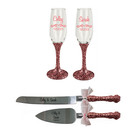 Dusty Rose Pink Glitter Toasting Flutes And Cake Knife Server Set  Wedding Gift